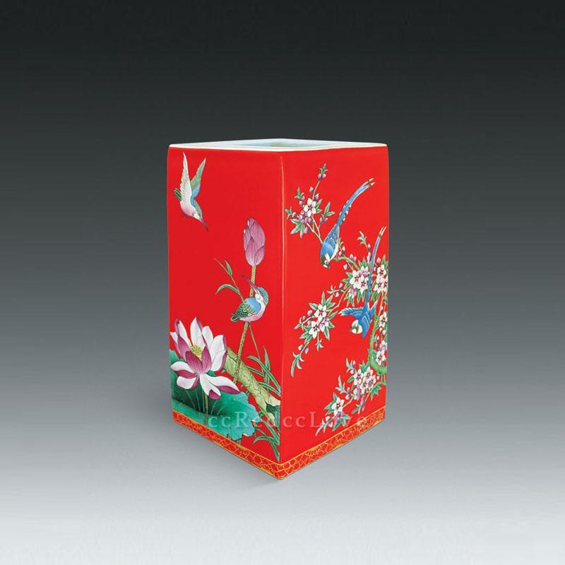 精品饰品文案摆件 中国红瓷器盛夏鸟乐图创意