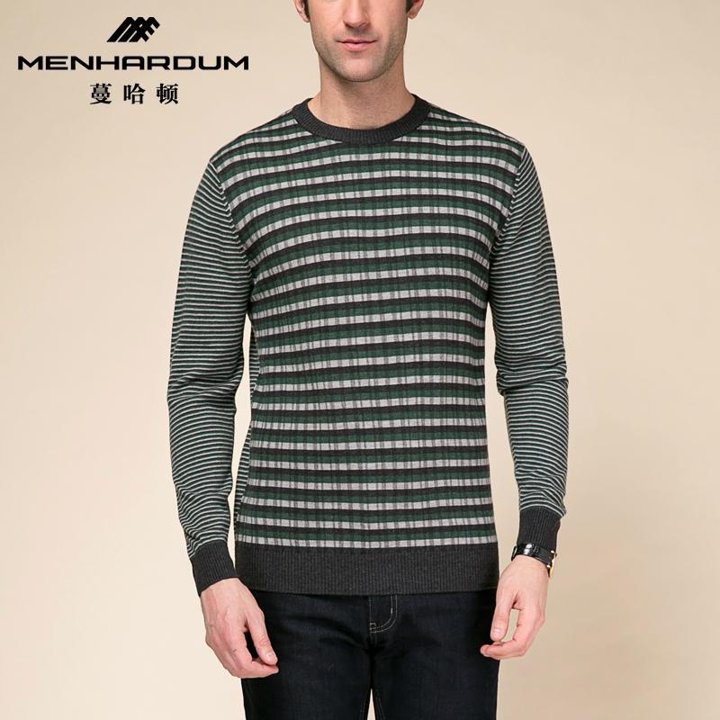 哈顿中年圆领套头条纹打底毛衣男羊毛衫品牌正