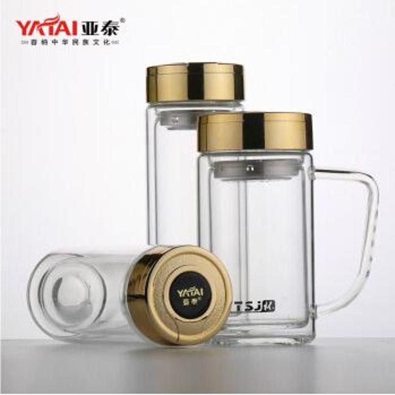 亚泰双层玻璃杯 透明隔热水杯便携袋滤网茶杯