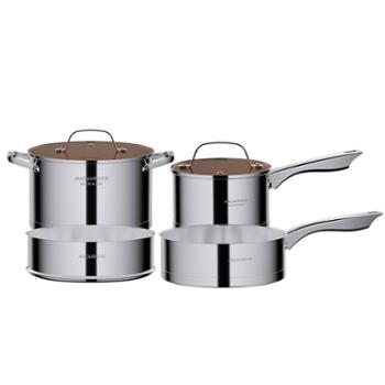 MACAIIROOS 锅具套装 平底煎锅汤锅蒸笼奶锅304不锈钢四件套 MC-S402B