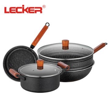 Lecker乐克尔香彩炒锅套装 麦饭石锅 汤锅蒸锅三件套不粘锅家用组合 红色