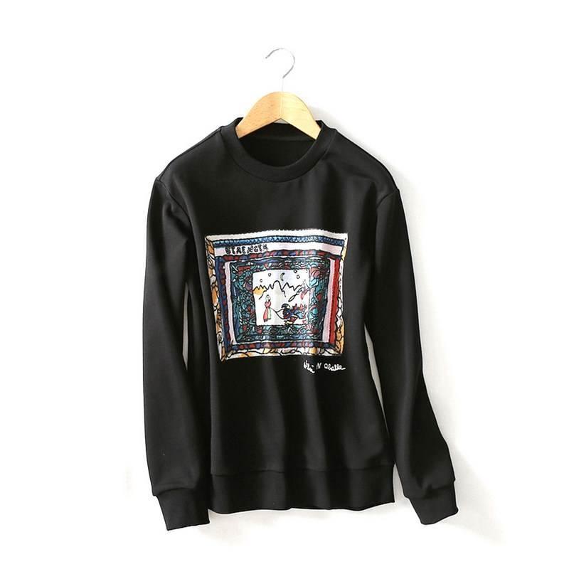 jj moda 2018秋冬新品 宽松版艺术油画图案胶印圆领毛圈棉卫衣