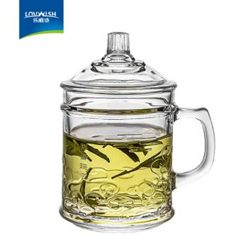 乐唯诗&nbsp;家用加厚耐热宫廷刻花玻璃杯办公泡茶杯大容量带盖带把水杯子