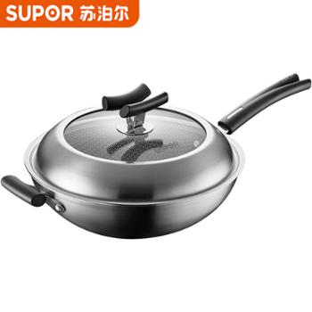 苏泊尔炒锅X晶盾316不锈钢无油烟蜂窝平底防粘锅34cm CC34JA2
